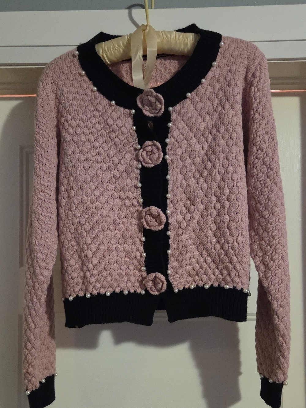 Pink Pearl-Trim Knit Cardigan Sweater